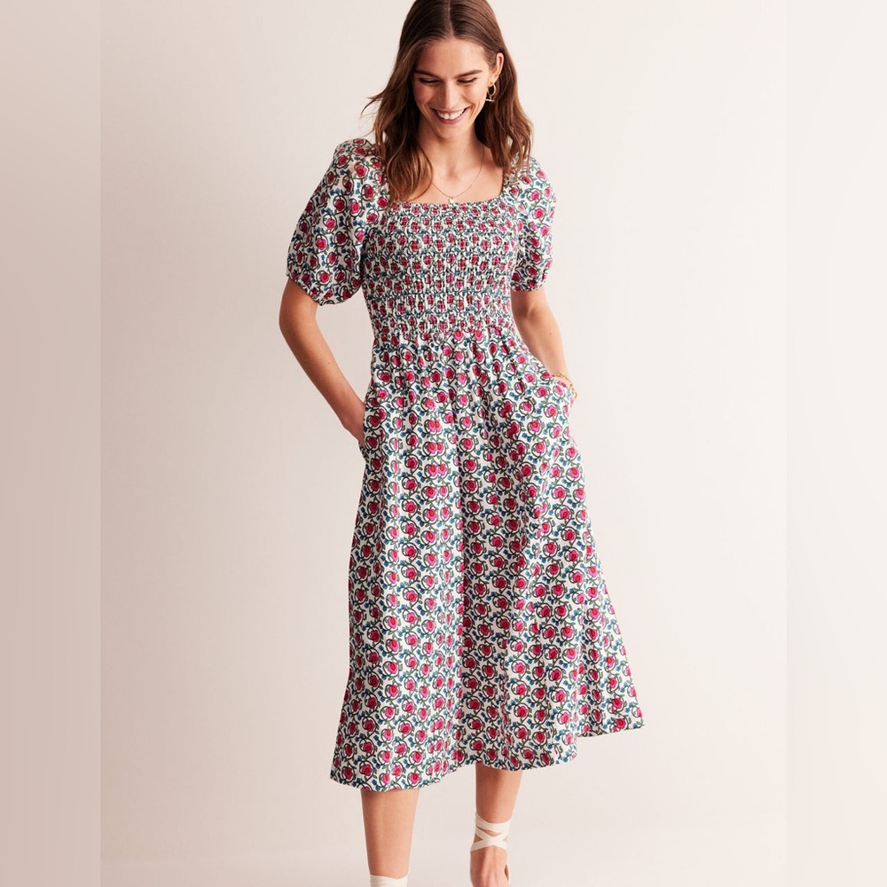 Boden sky smocked linen midi Dress NWT size 10 us